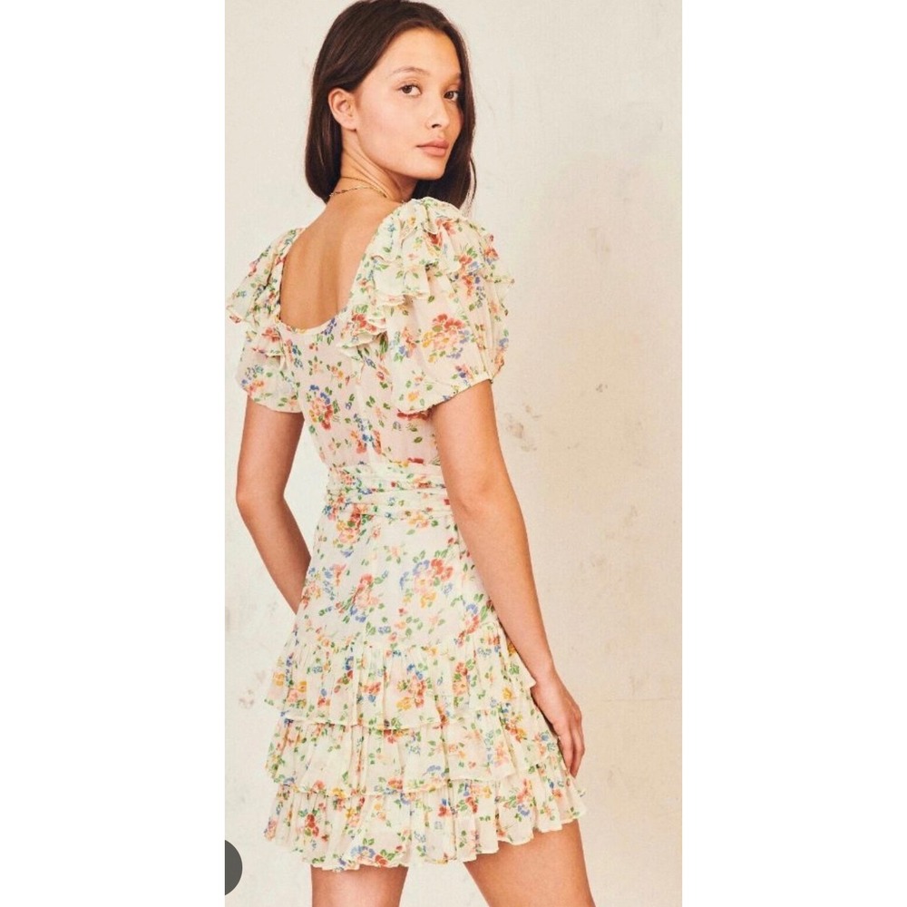 LoveShackFancy Silk Floral Ruffle Mini Dress White Multi Square Neck Size 10